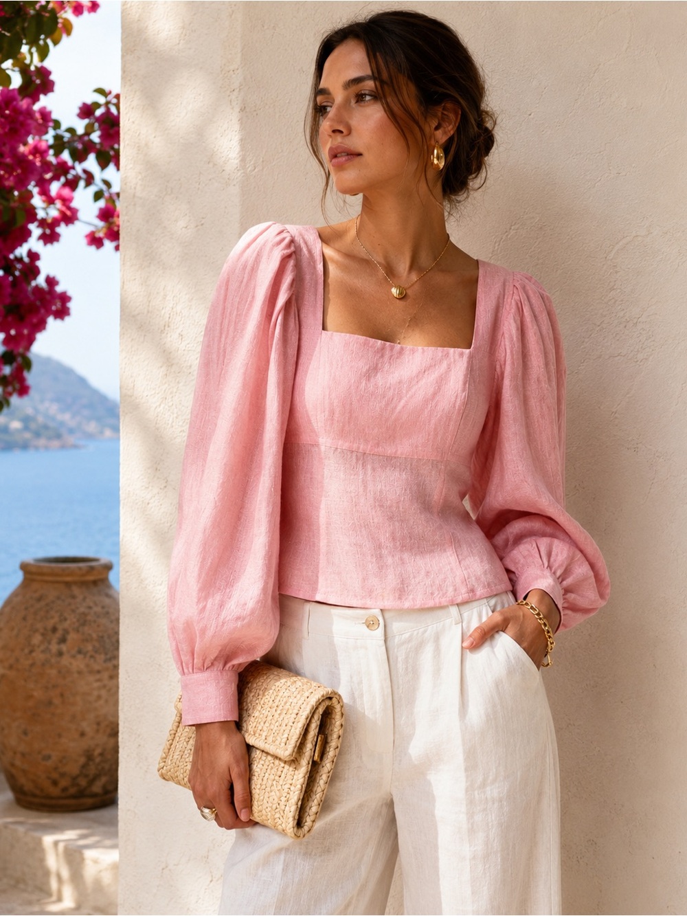 Sandro Summer Pink Linen Blouse with puff sleeves